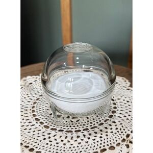 Vintage Clear Glass Footed Orb Powder Jar & Puff Rose Embossed Lid Trinket Dish